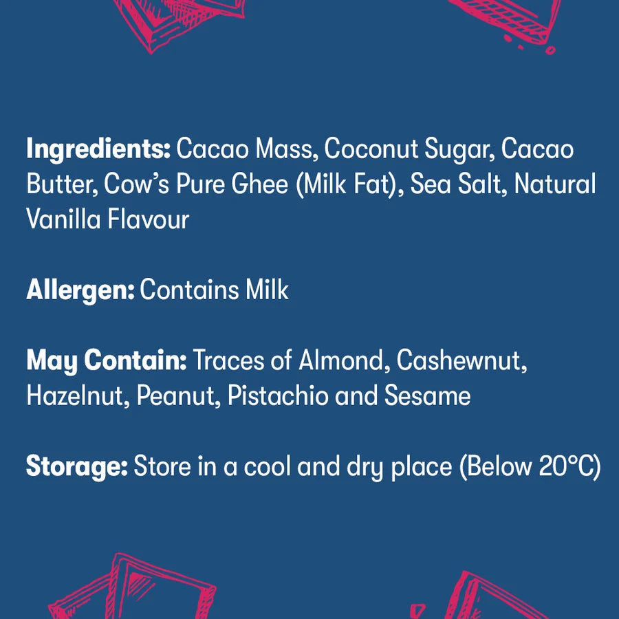 Ingredients list and allergen information on a blue background with chocolate illustrations.