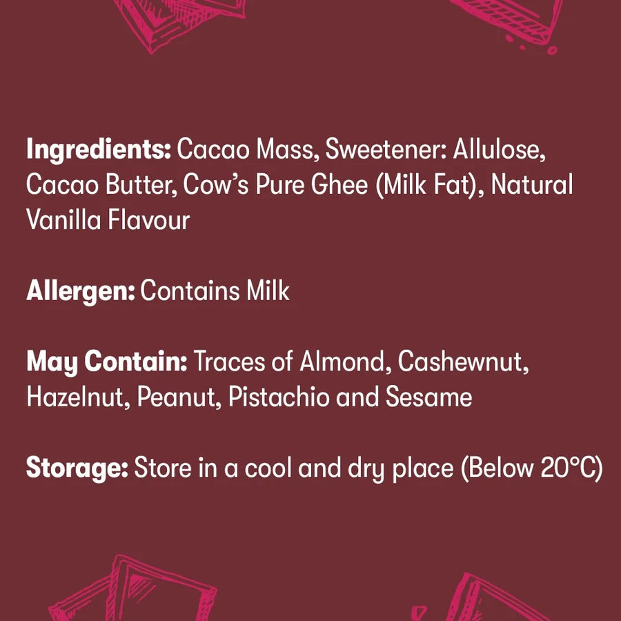 A dark red informational graphic with white text listing ingredients, allergens, and storage instructions for a dairy-based sweetener product. Pink line-drawn illustrations of boxes appear at the top and bottom corners.