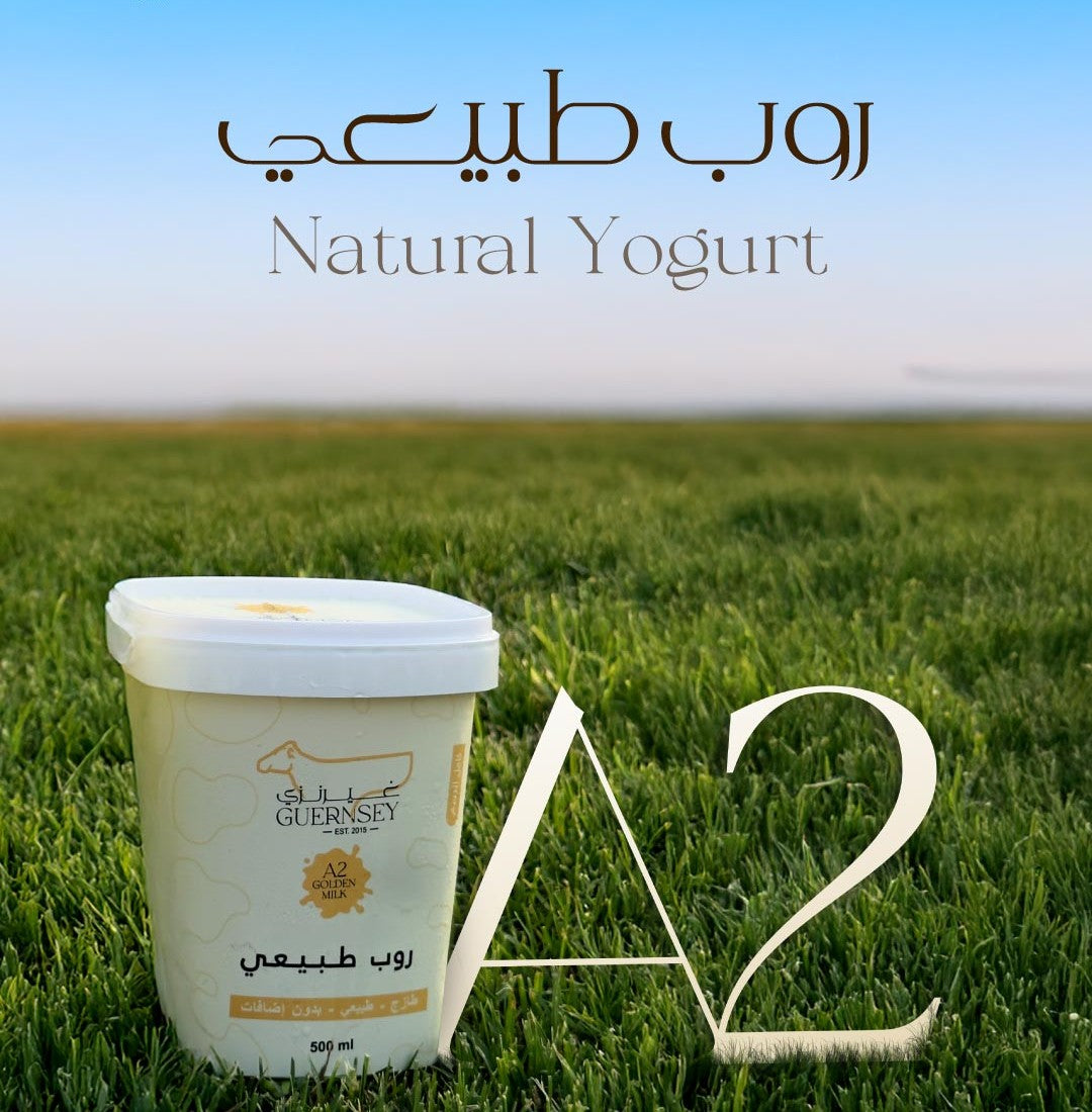 A tub of GUERNSEY Natural Yogurt placed on a green grass field under a blue sky, with large white 'A2' text overlaid on the right side.