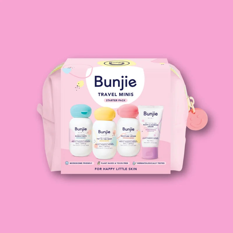 Bunjie travel minis starter pack on a pink background