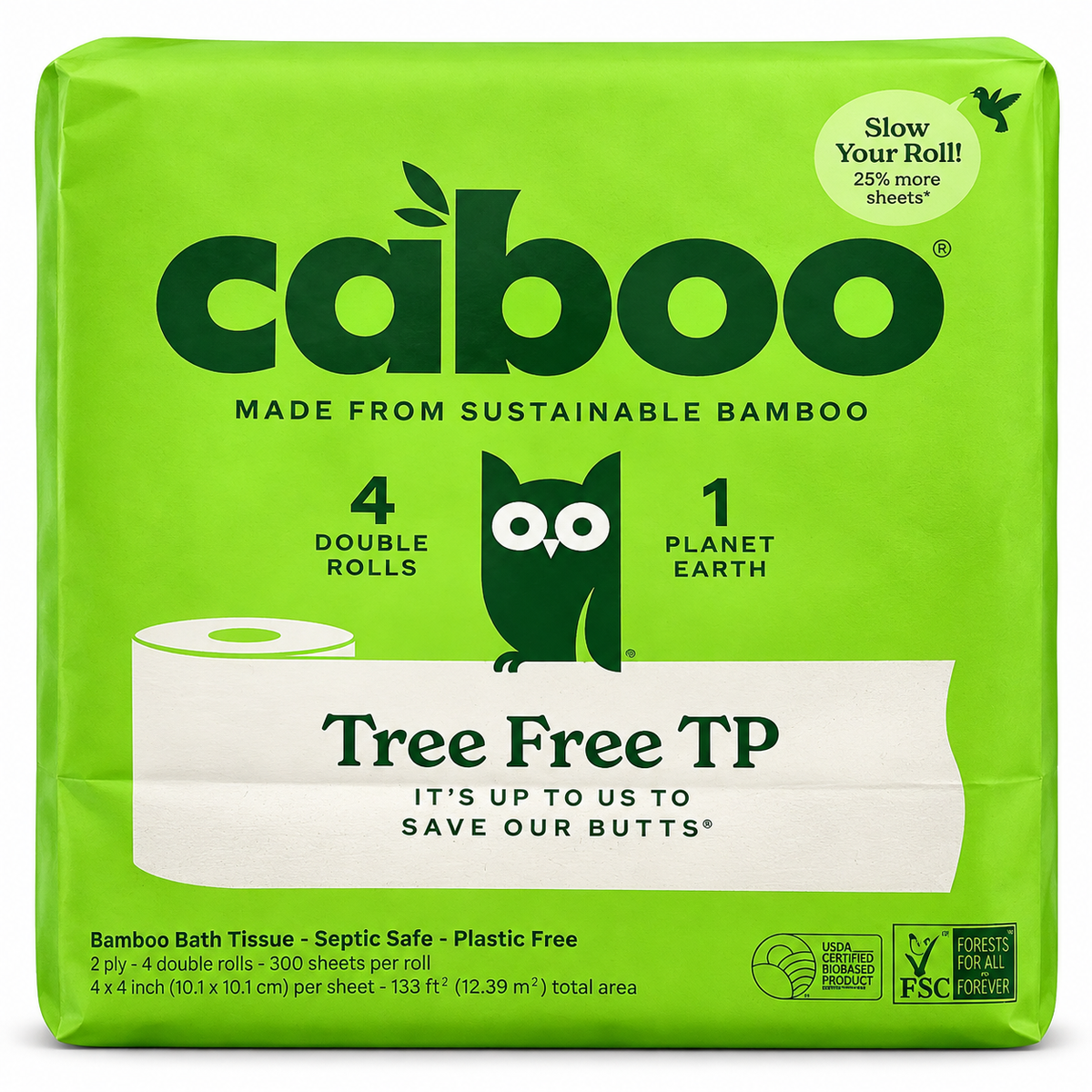 Bathroom tissue 4 pack with 300 sheets plastic-free packaging