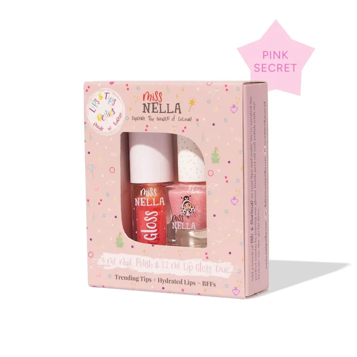 Miss Nella lip gloss and nail polish set in a pink box labeled 'Pink Secret'. The set includes a pink nail polish, a red lip gloss bottle, and a white sponge, visible through a clear window on the front of the packaging.