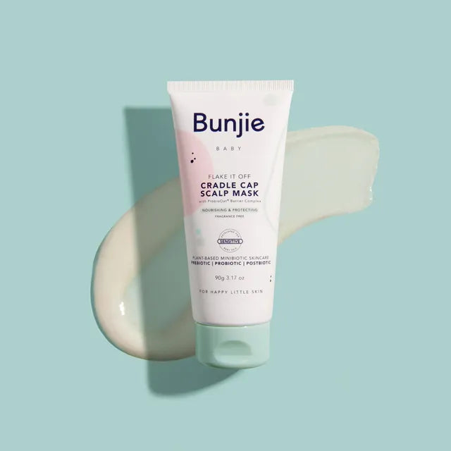 Bunjie cradle cap scalp mask tube on a light blue background