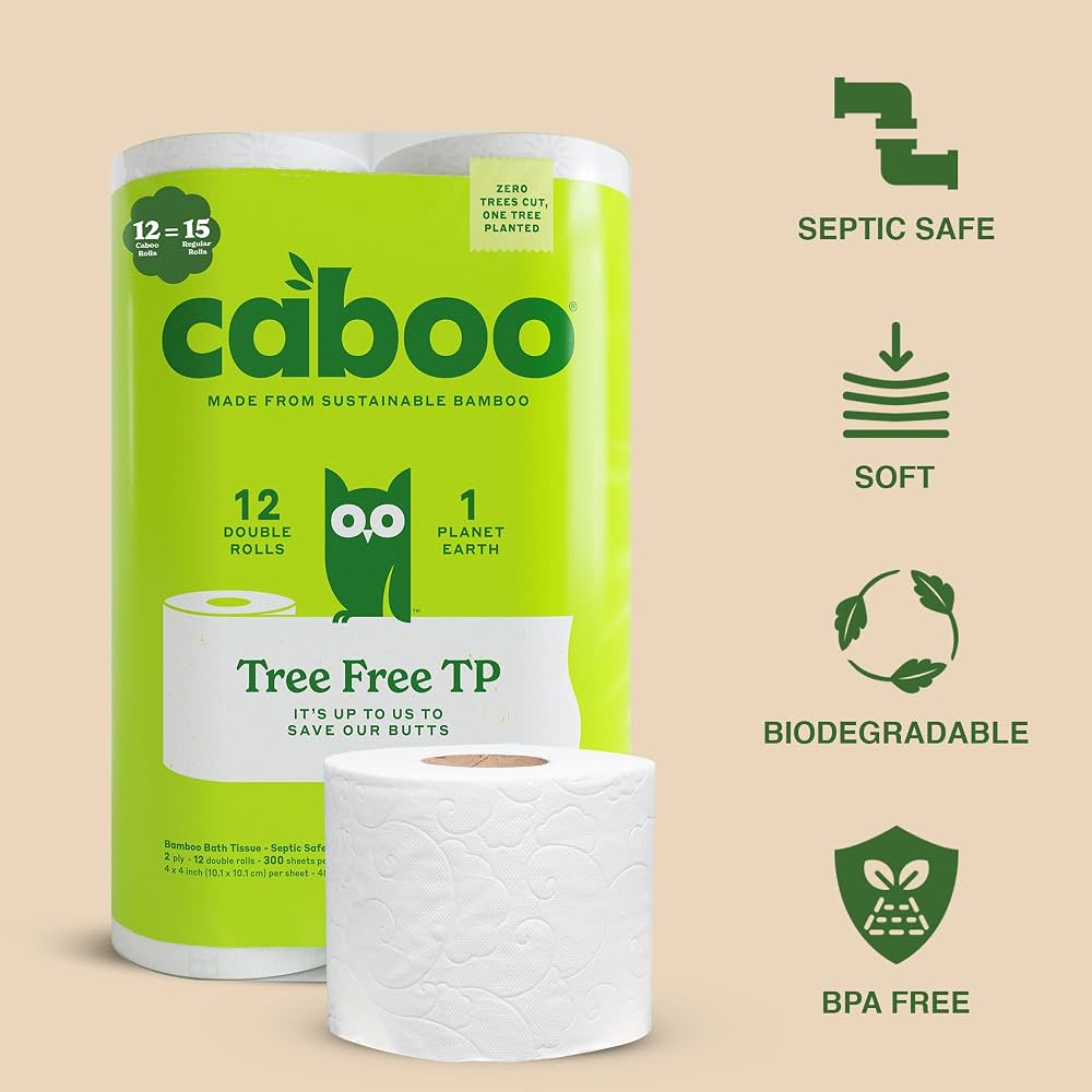 Caboo tree-free toilet paper roll with sustainability features on a beige background
