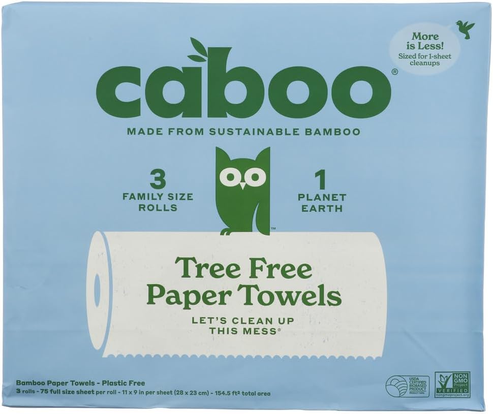 Caboo Tree Free Paper Towels packaging in a light blue box, featuring a green caboo logo, an illustration of a green owl, and a graphic of a paper towel roll.