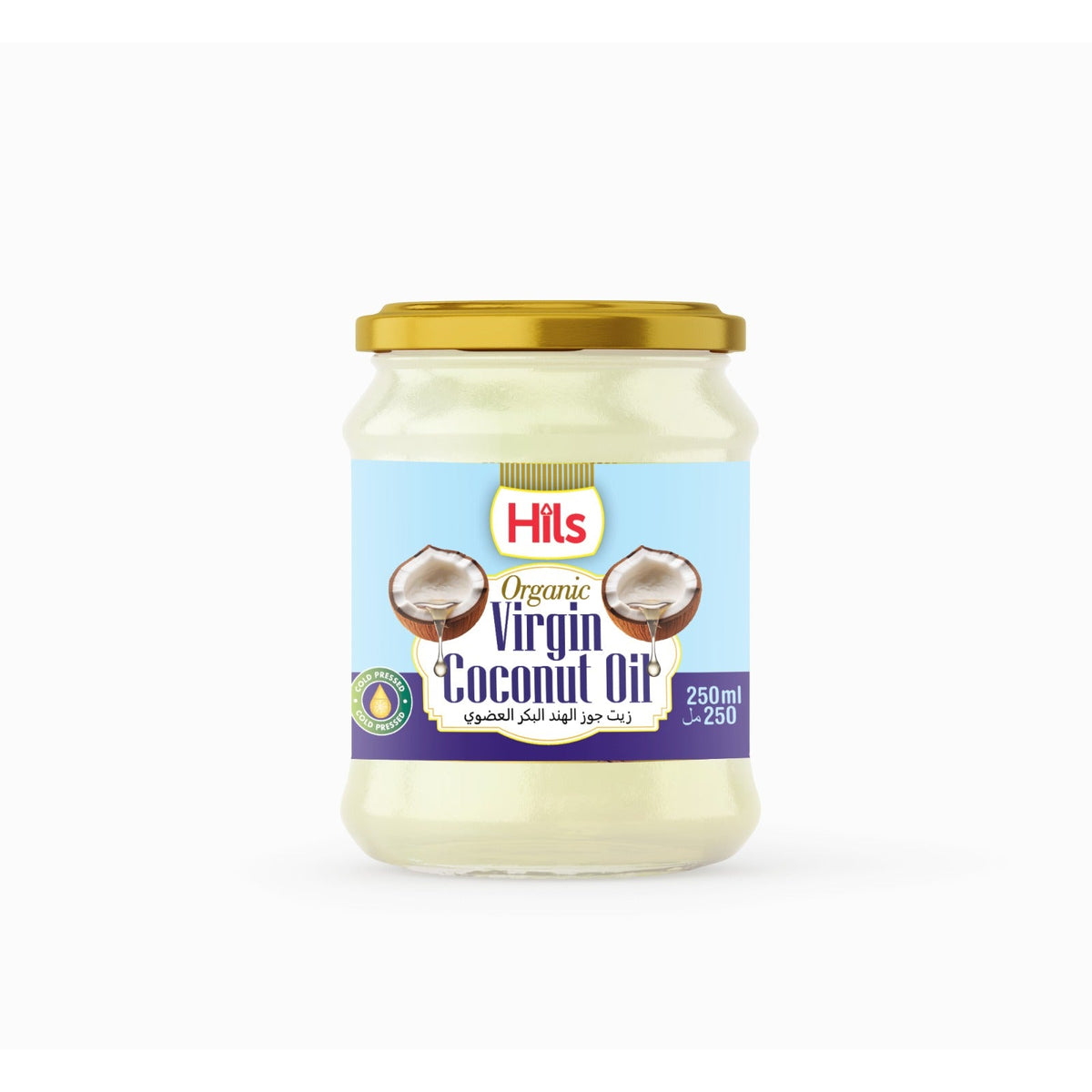 A 250ml glass jar of Hills Organic Virgin Coconut Oil with a gold metal lid and a light blue label, shown on a clean white background.