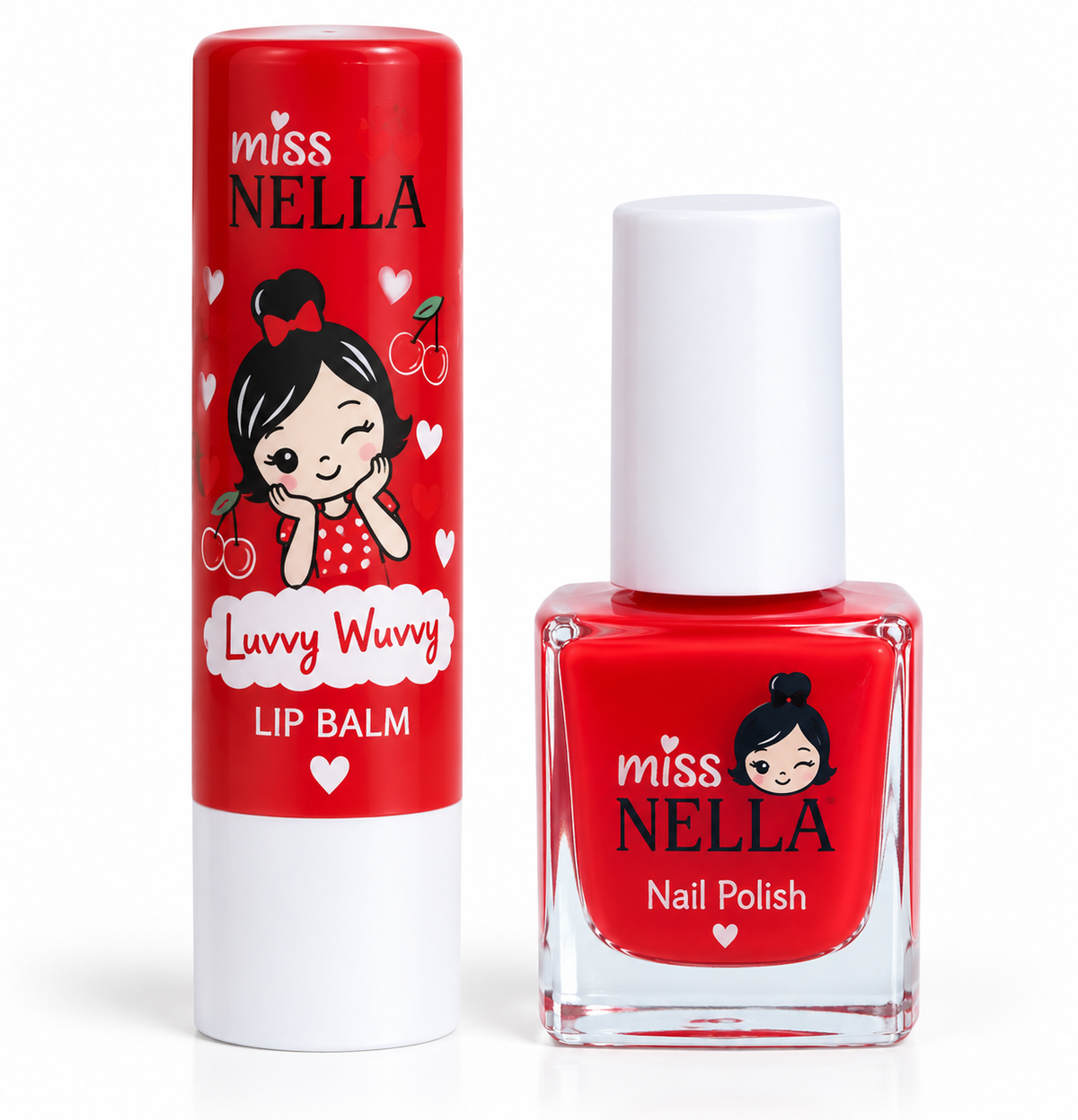 Miss Nella brand nail polish and lip balm set in a red and white cartoon-themed packaging, featuring a winking girl illustration and cherries on a white background.
