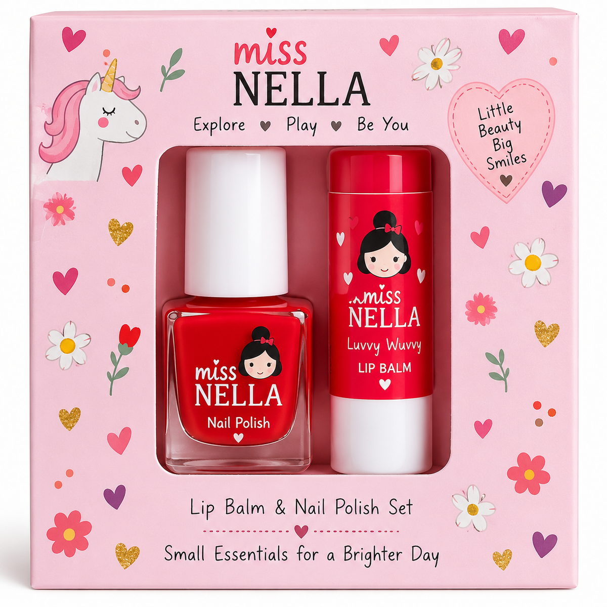 Miss Nella lip balm and nail polish set in its original pink packaging box, decorated with a unicorn, hearts, and flowers.