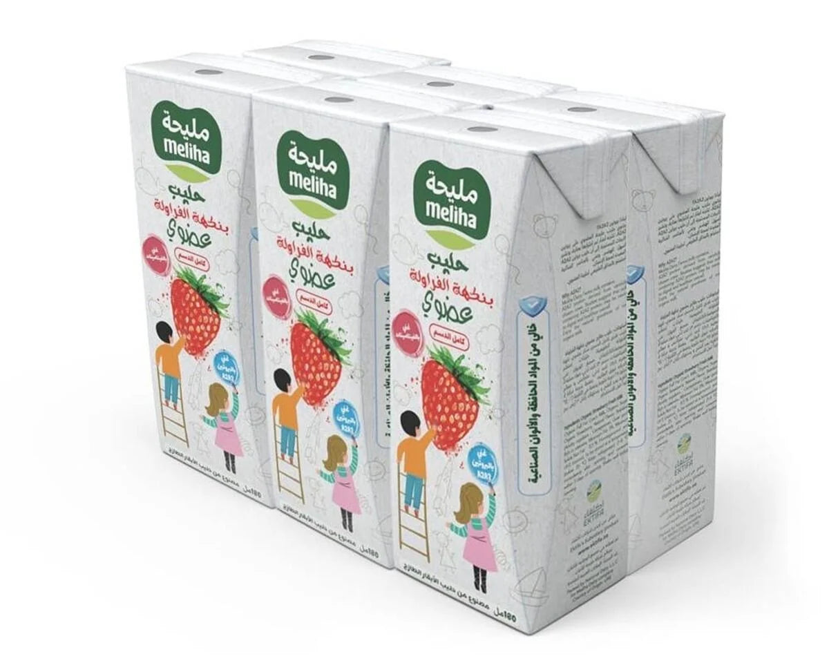 A pack of six Meliha Hleily strawberry-flavored juice cartons arranged in a 2x3 grid on a white background.