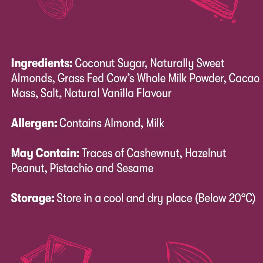 Ingredients and allergen information on a purple background with almond and cacao illustrations.