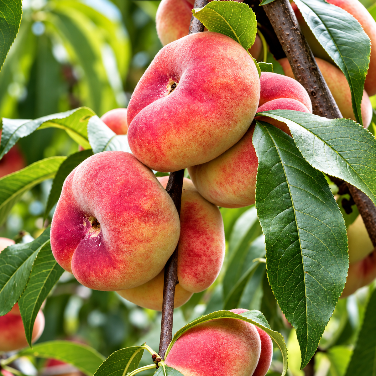 Close-up of ripe peaches hanging from a tree branch with green leaves.
