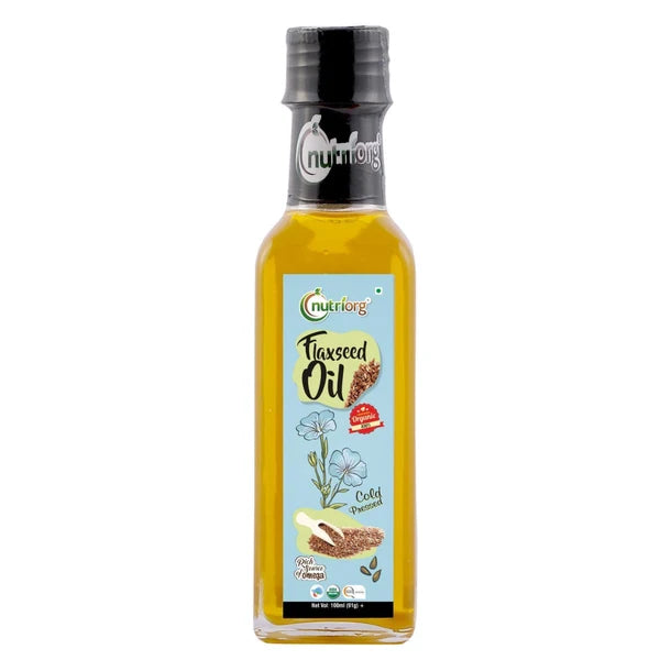 A bottle of Nutrong Organic Flaxseed Oil with a black cap and a light blue label, shown against a plain white background.