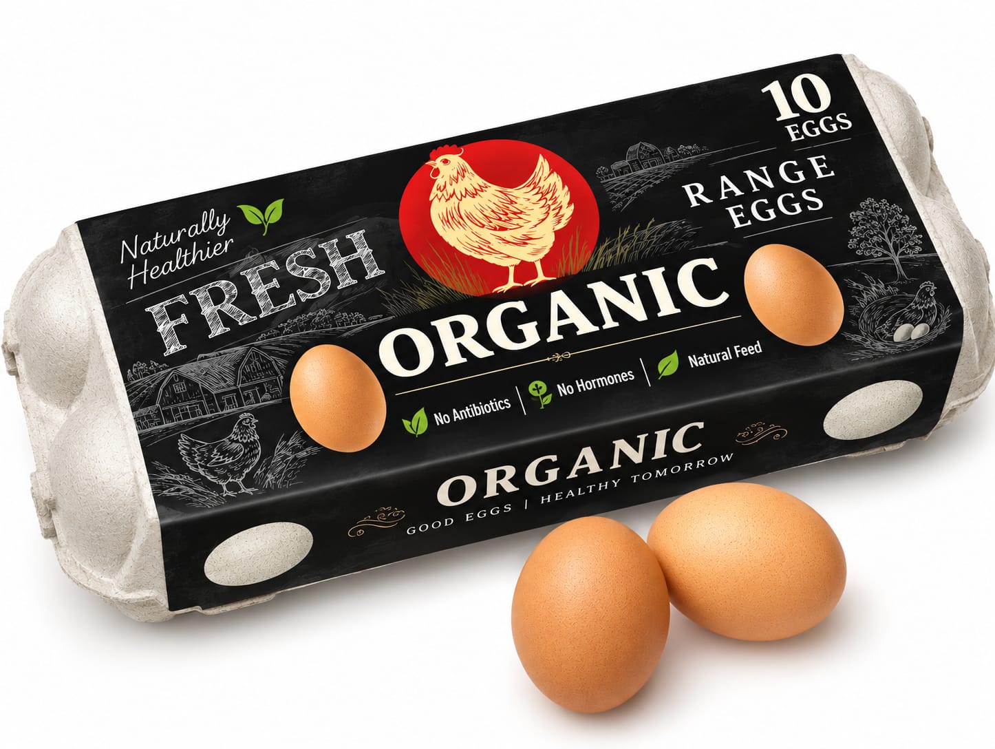 A carton of Fresh Organic Range Eggs with three brown eggs placed in front on a clean white background. The packaging is black with white and red text and graphics, including a chicken logo.