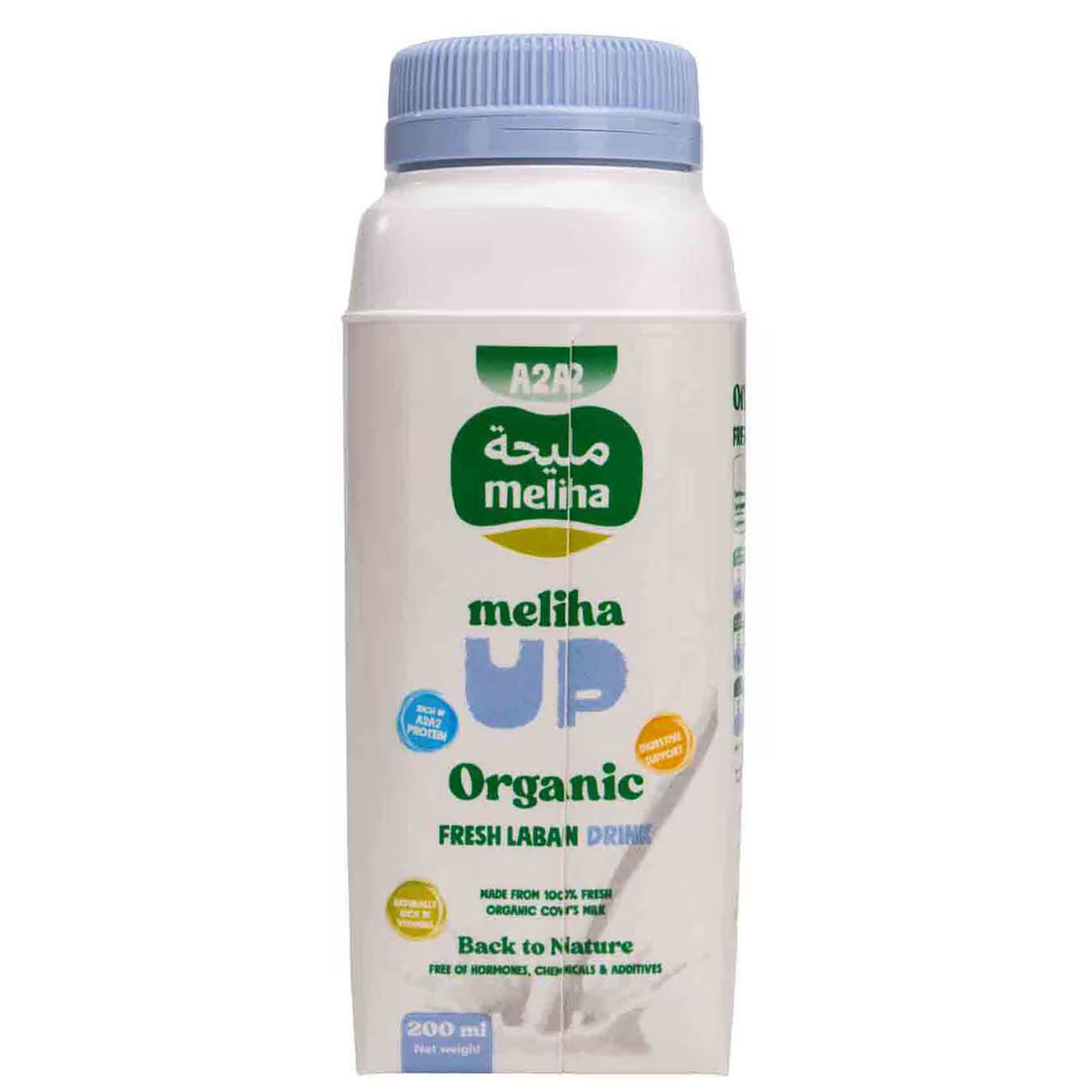A 200 ml bottle of Meliha Up Organic Fresh Laban Drink on a plain white background. The bottle is white with a light blue cap and features green and blue branding.