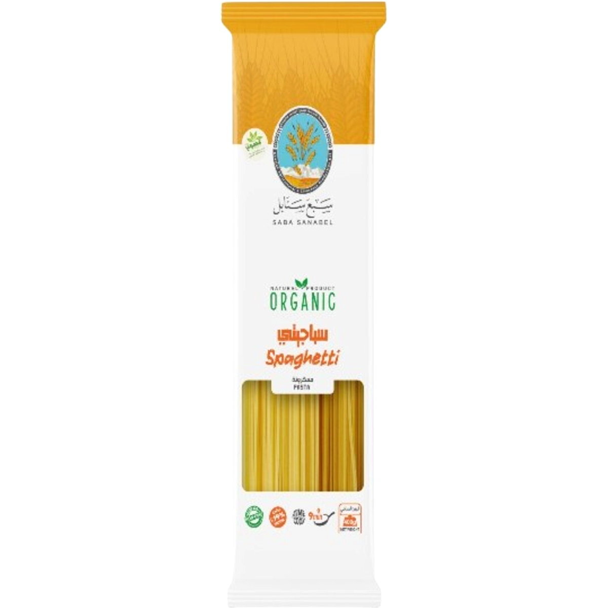 A package of Sara Sanakel Organic Spaghetti on a plain white background. The packaging features a white and orange design with a clear window showing the yellow spaghetti inside.