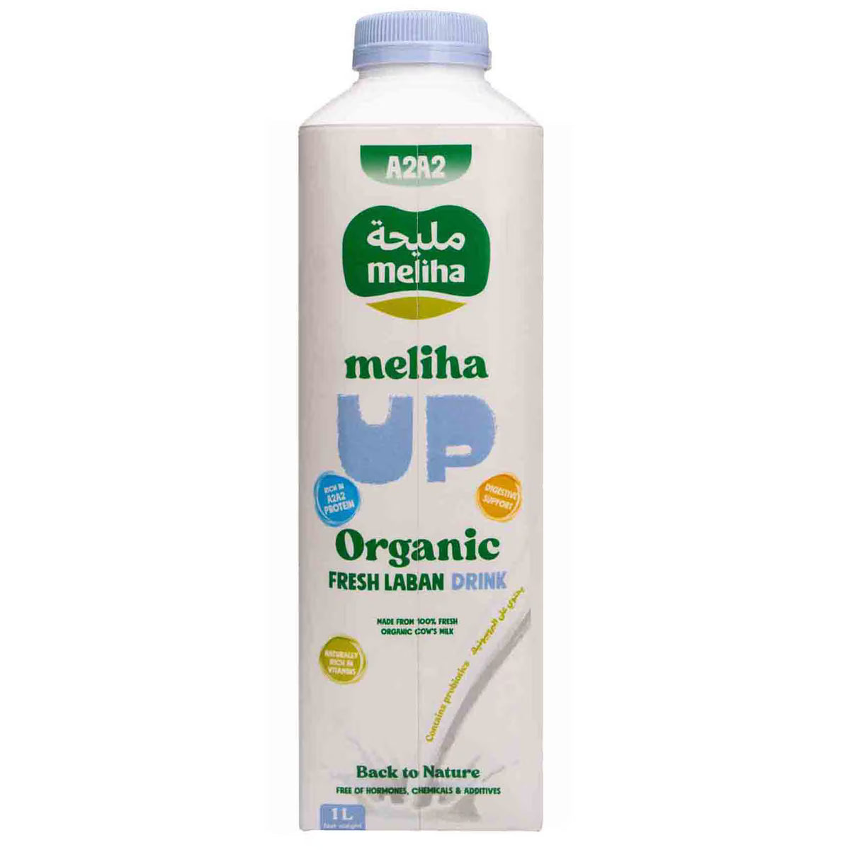 A 1.1L carton of Meliha Up Organic Fresh Laban Drink on a plain white background.