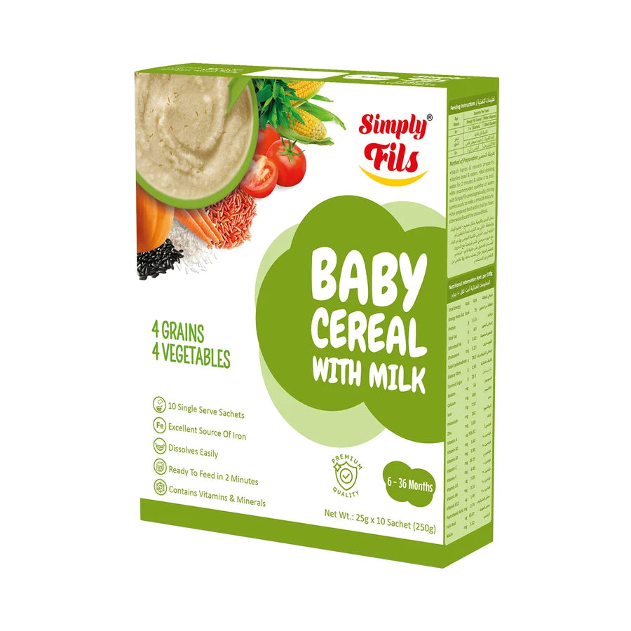A box of Simply Fils Baby Cereal with Milk, 120g, featuring a green and white packaging design with illustrations of baby food ingredients.