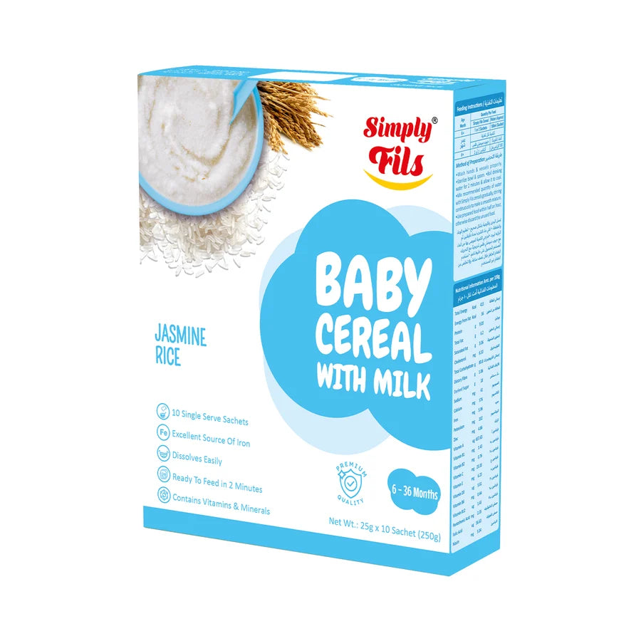 A box of Simply Tils Baby Cereal with Milk in Jasmine Rice flavor, featuring a bright blue and white design with product details and a serving suggestion of rice and milk.