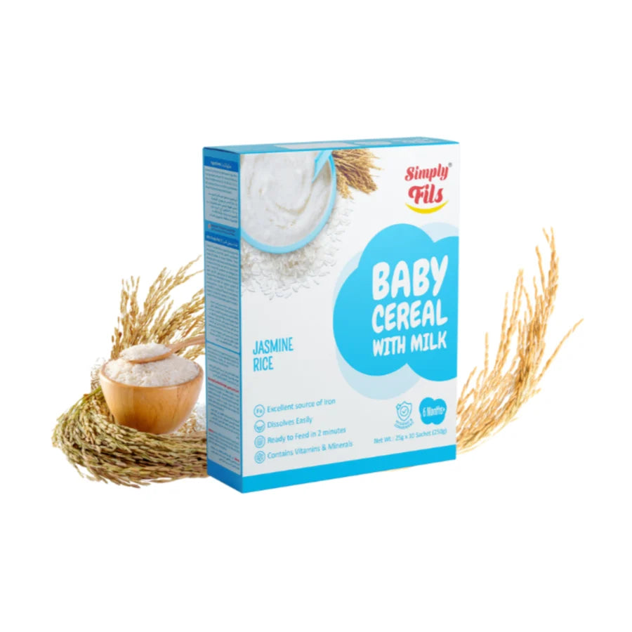 Box of Simply Fits baby cereal with milk on a white background