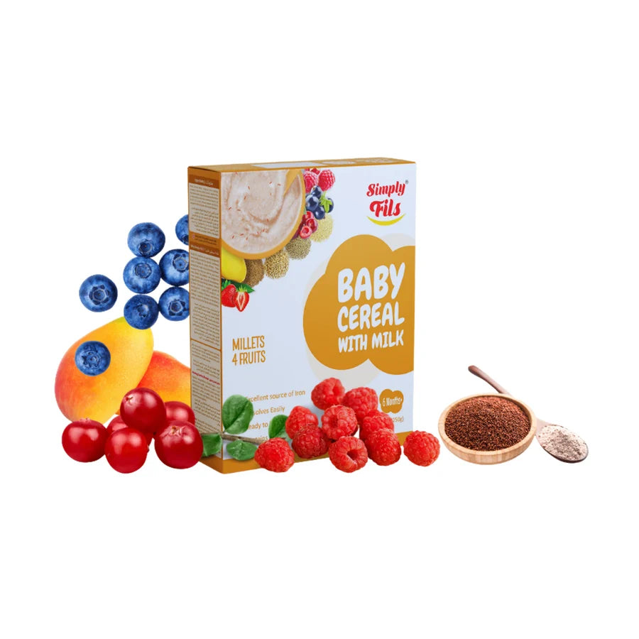 Box of Simply Fils baby cereal with milk surrounded by fruits and a spoonful of cereal.