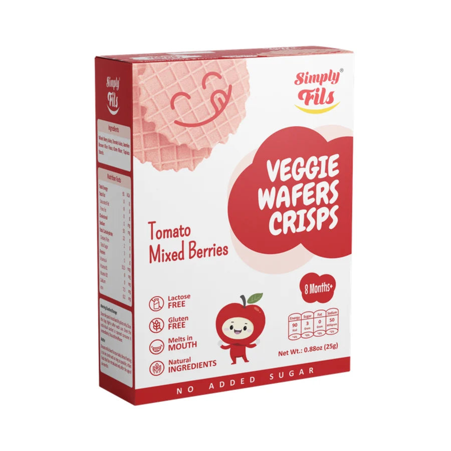 Box of Simply Fills Veggie Wafers Crisps Tomato Mixed Berries flavor on a white background