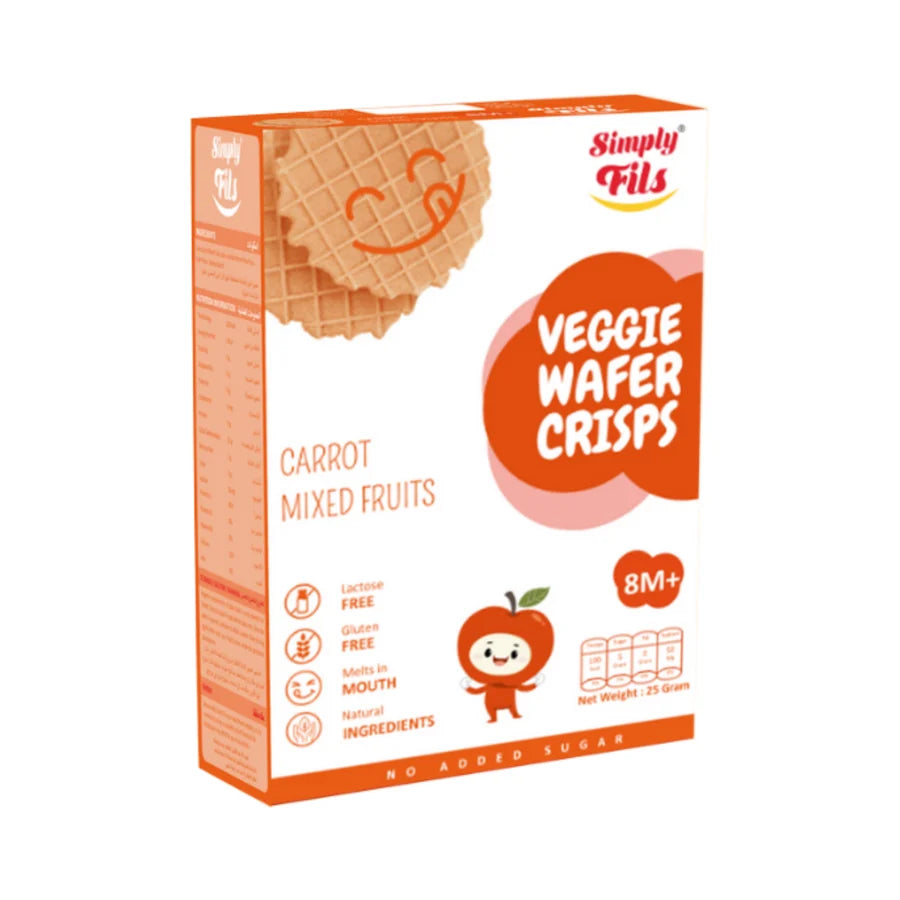 A box of Simply Fils Veggie Wafer Crisps (Carrot Mixed Fruits) for children aged 8M+, featuring orange and white packaging with a cartoon apple character and a waffle illustration.