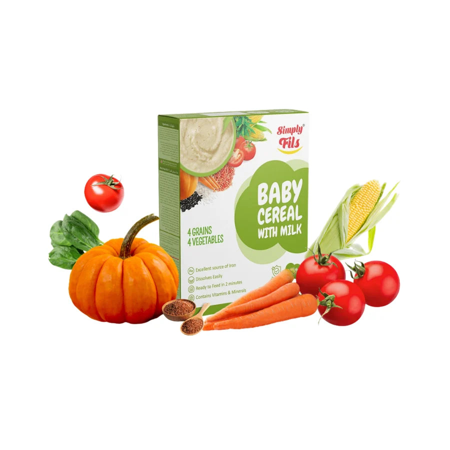 A box of Simply Fills Baby Cereal with Milk is displayed on a white background, surrounded by baby food ingredients including a pumpkin, tomatoes, carrots, corn, and spinach.
