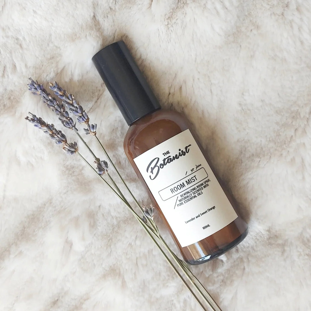Room mist bottle labeled 'The Botanist' with lavender sprigs on a soft white background