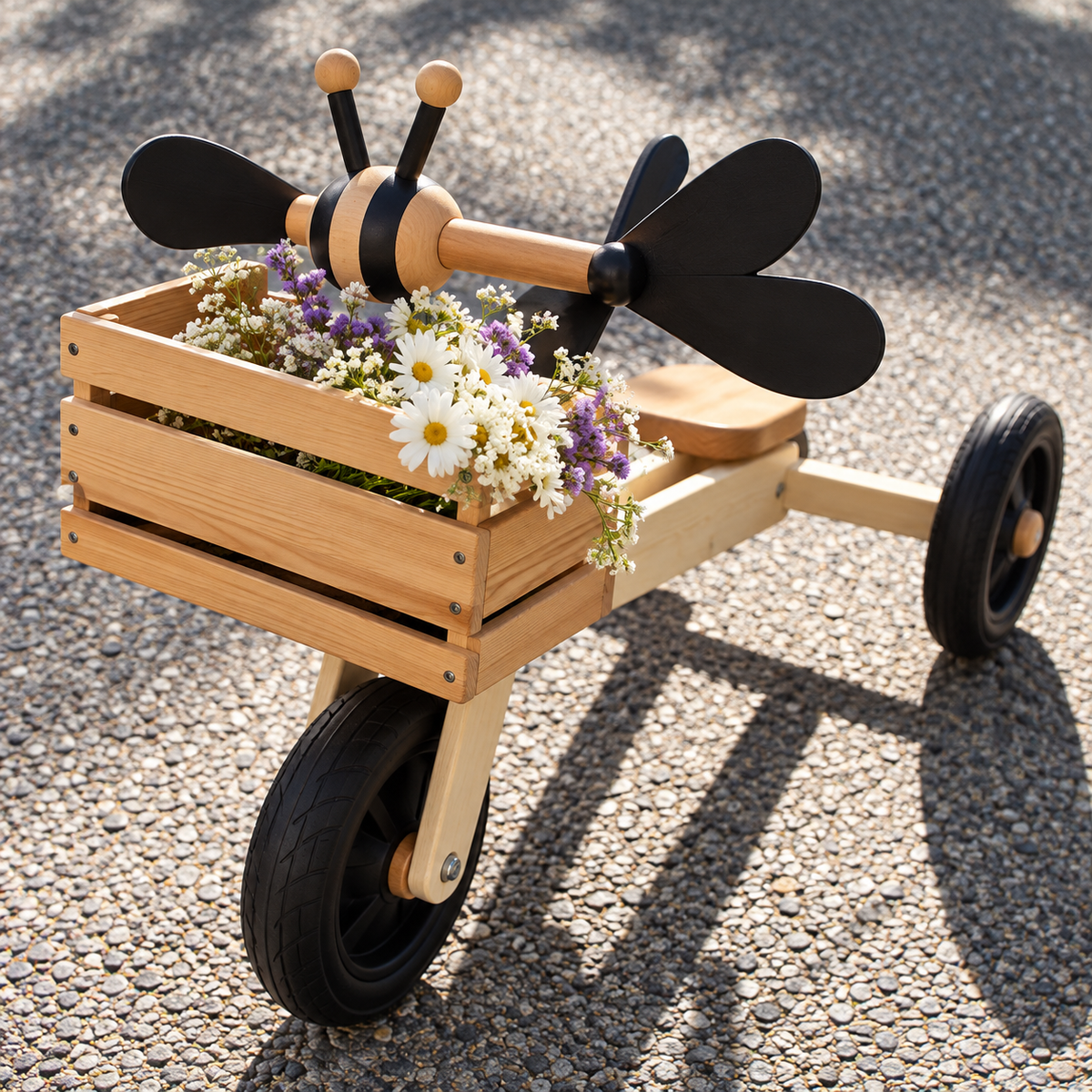 A wooden tricycle-style garden cart with black wheels and a bee-themed handlebar, filled with white and purple flowers, photographed outdoors on a gravel surface.