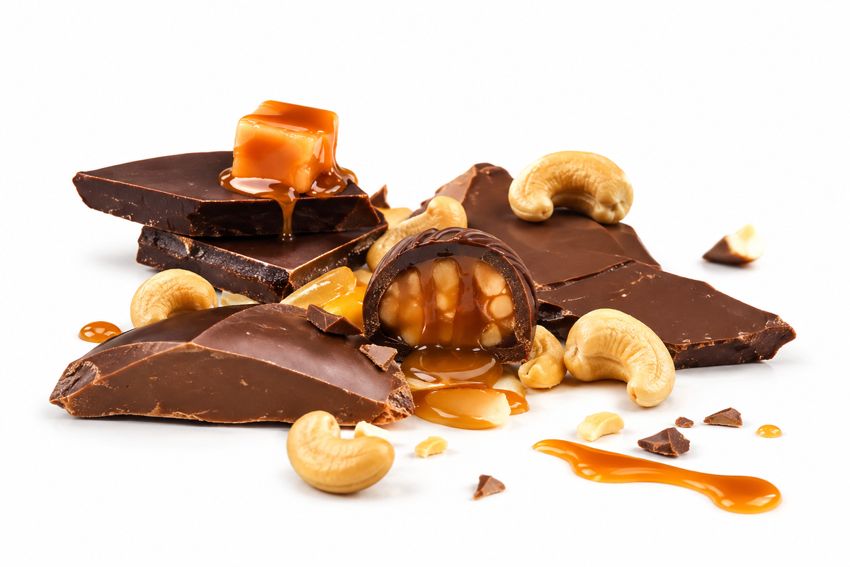 A pile of chocolate pieces, cashews, caramel drizzle, and a chocolate-covered candy with a caramel cube on a white background.