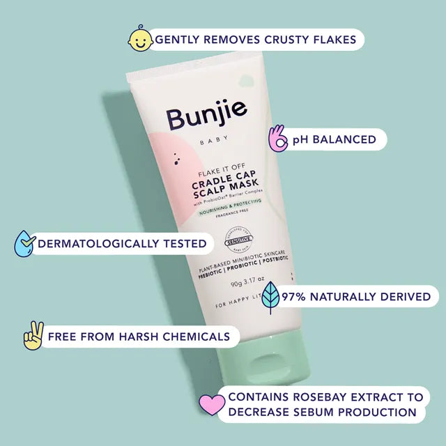 A tube of Bunjie Baby Flake It Off Cradle Cap Scalp Mask is shown on a light blue background with multiple promotional text callouts around it.