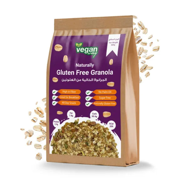 A stand-up pouch of Vegan Farming naturally gluten free granola, featuring a purple label with product details and a photo of the granola inside, set against a white background with scattered oats.