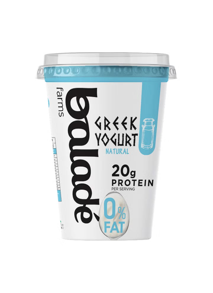 A tub of Balade Farms Greek Yogurt Natural, 20g protein per serving, with 0% fat, featuring a white and light blue label with a clear lid, on a white background.
