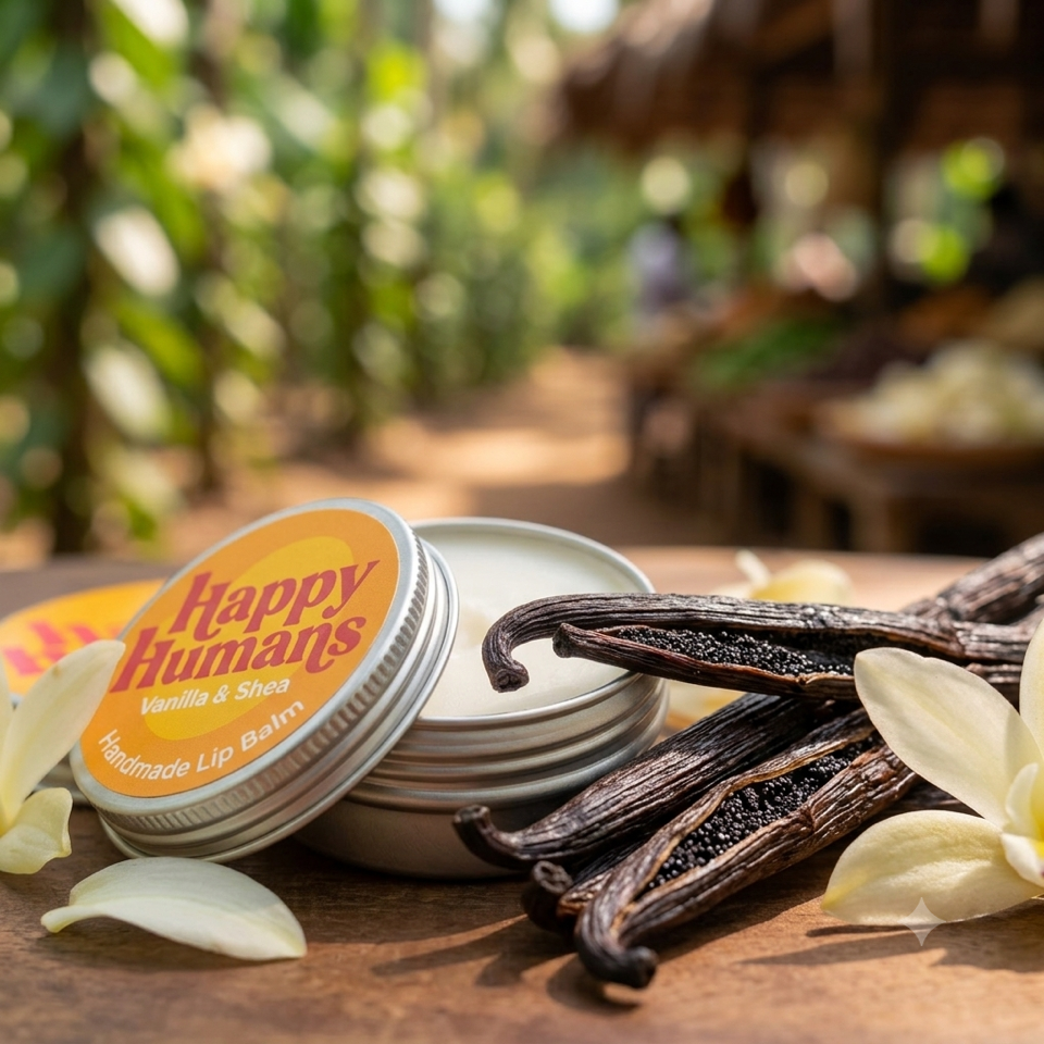 An open silver tin of Happy Humans Vanilla & Shea Handmade Lip Balm sits on a wooden table beside whole vanilla beans and white flowers, with a blurred tropical outdoor background.