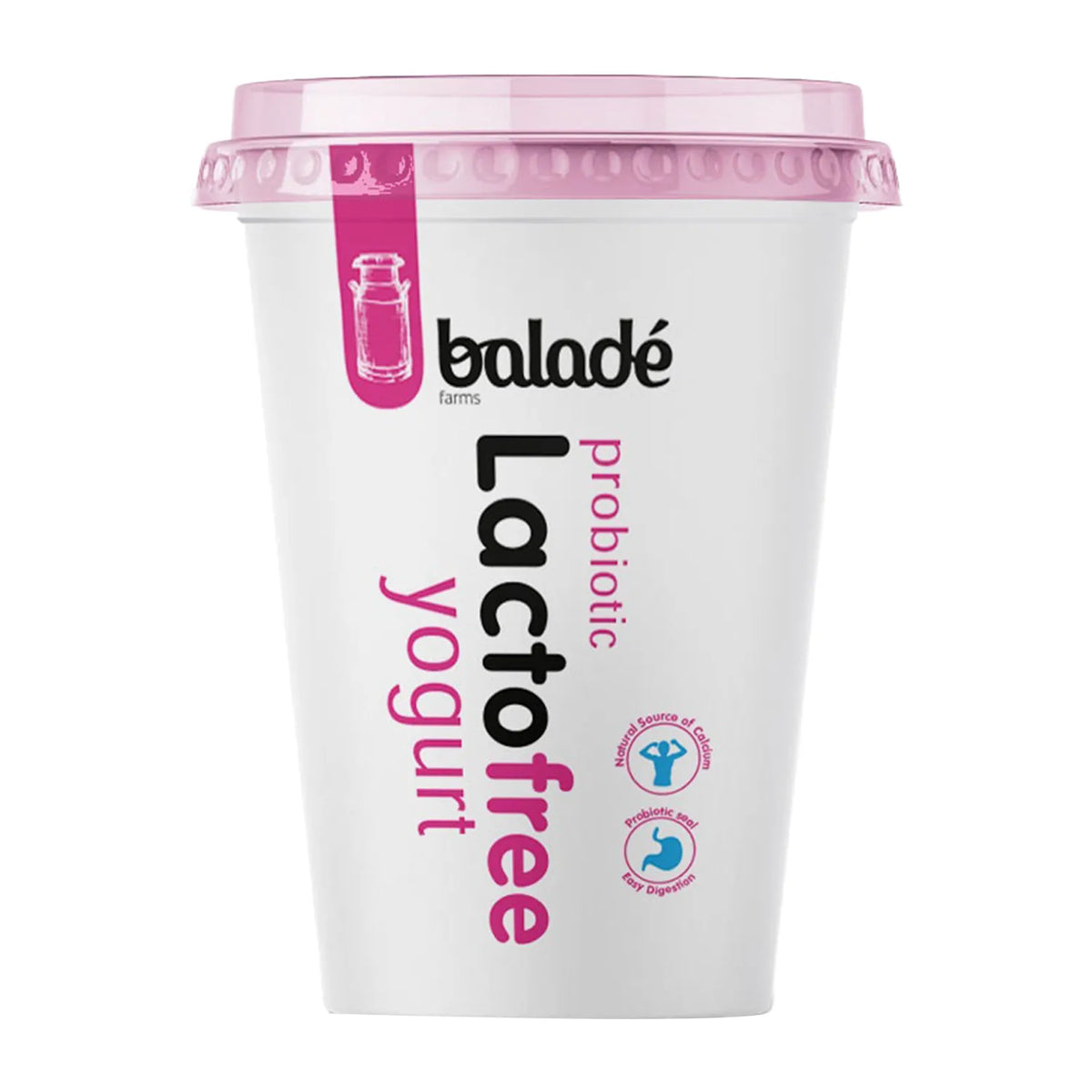 A white plastic tub of Baladé Lactofree Probiotic Yogurt with a translucent pink lid, featuring pink and black text on the front.
