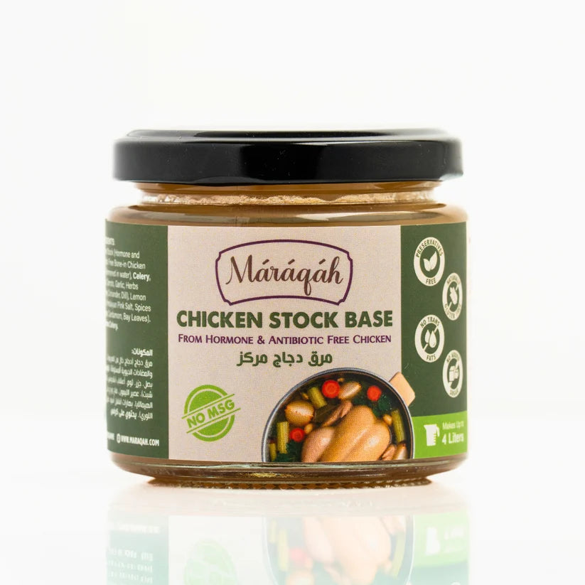 A 4-liter glass jar of Marâqah Chicken Stock Base with a black lid and a beige and green label, shown on a white background with a reflection below.