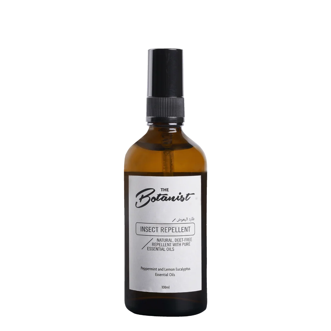 Bottle of 'The Botanist' insect repellent on a white background