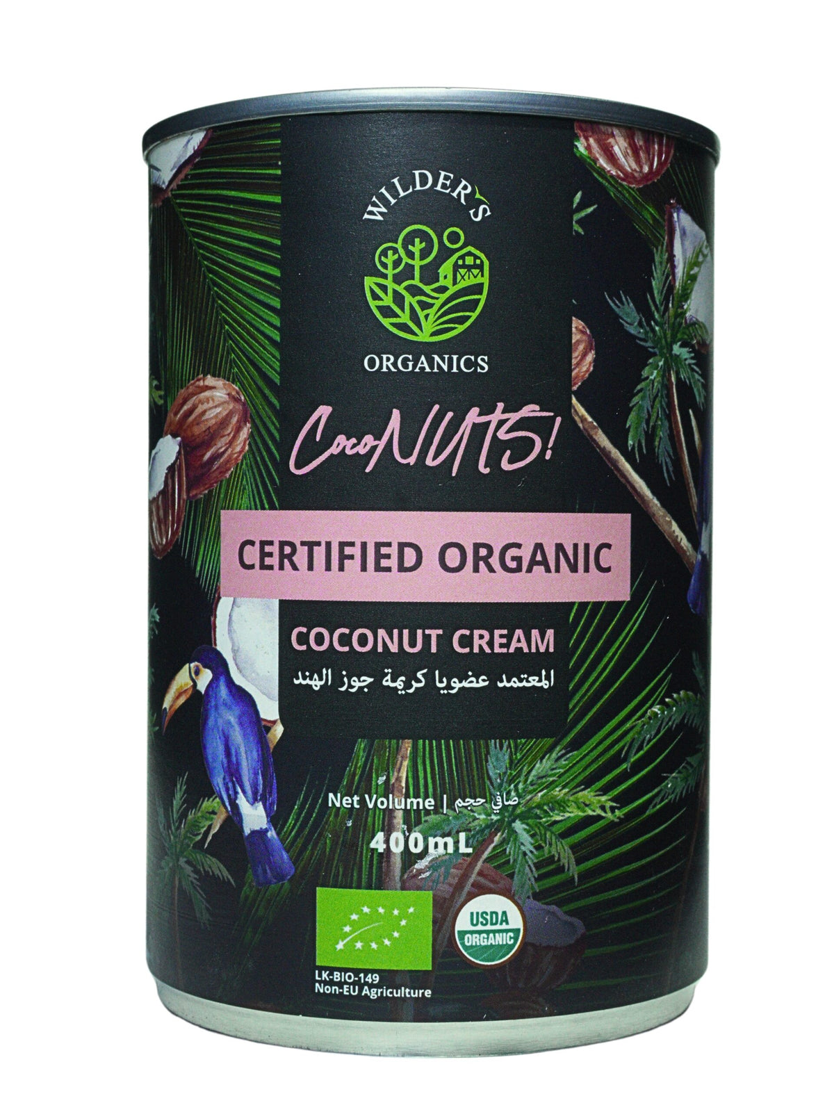 A 400mL can of Wilder's Organics Coconuts! Certified Organic Coconut Cream, featuring a black tropical label with green palm leaves, coconuts, a toucan, and pink text accents.