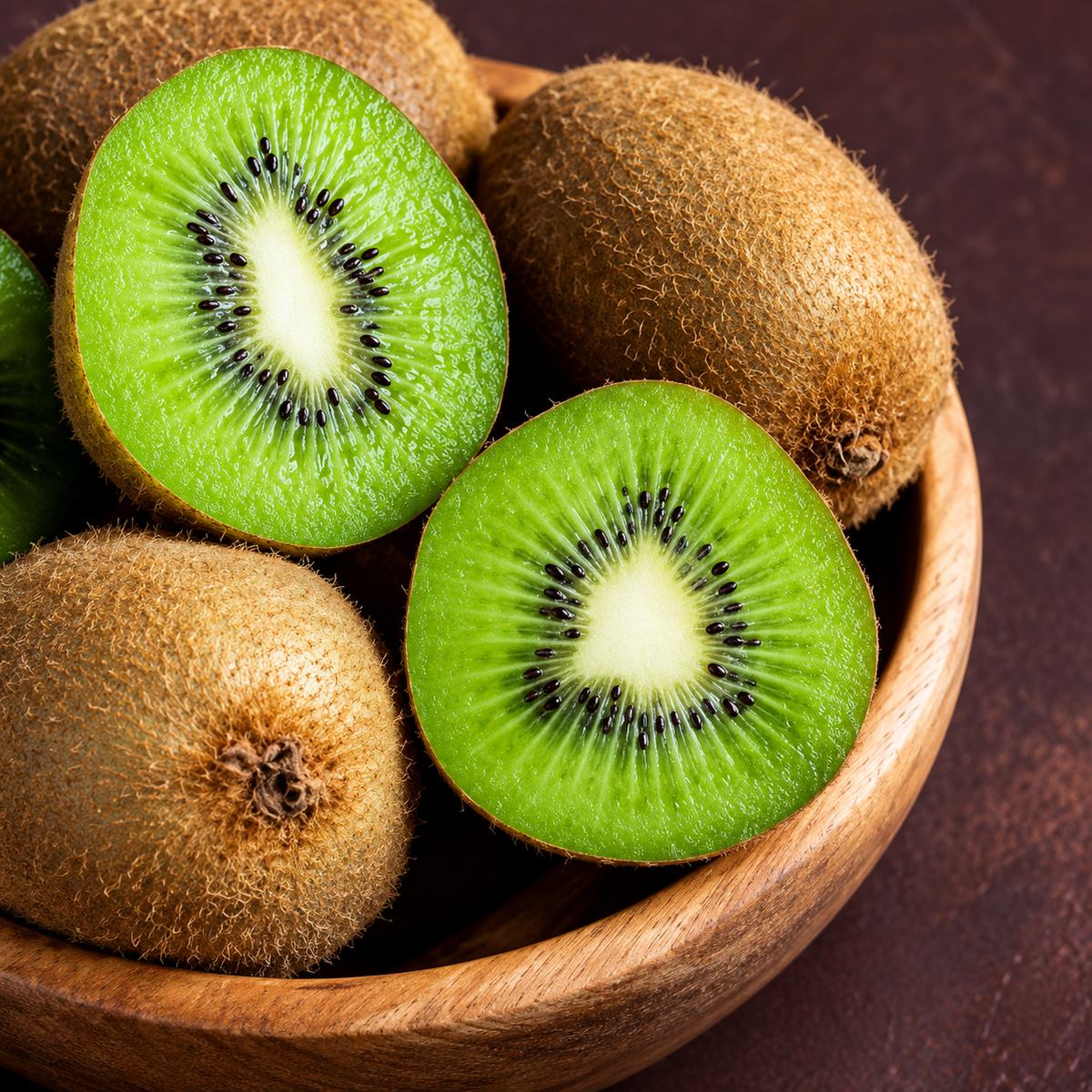 Fresh kiwi fruit in a wooden bowl, including two halved kiwis showing bright green flesh and black seeds, and several whole fuzzy brown kiwis on a dark brown background.