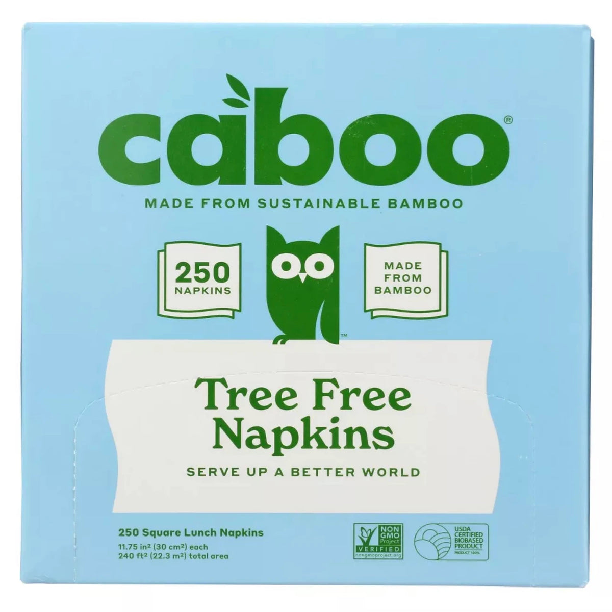 A package of Caboo Tree Free Napkins, featuring a light blue box with green branding and a white napkin graphic. The packaging highlights that it is made from sustainable bamboo and contains 250 napkins.