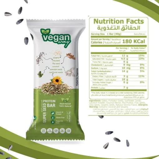 A packaged protein bar shown on a white background with a floating nutrition facts panel and scattered seed graphics. The package is white and green with the brand name 'vegan wavy' and the text 'PROTEIN BAR' and 'SUPER SEED BAR.