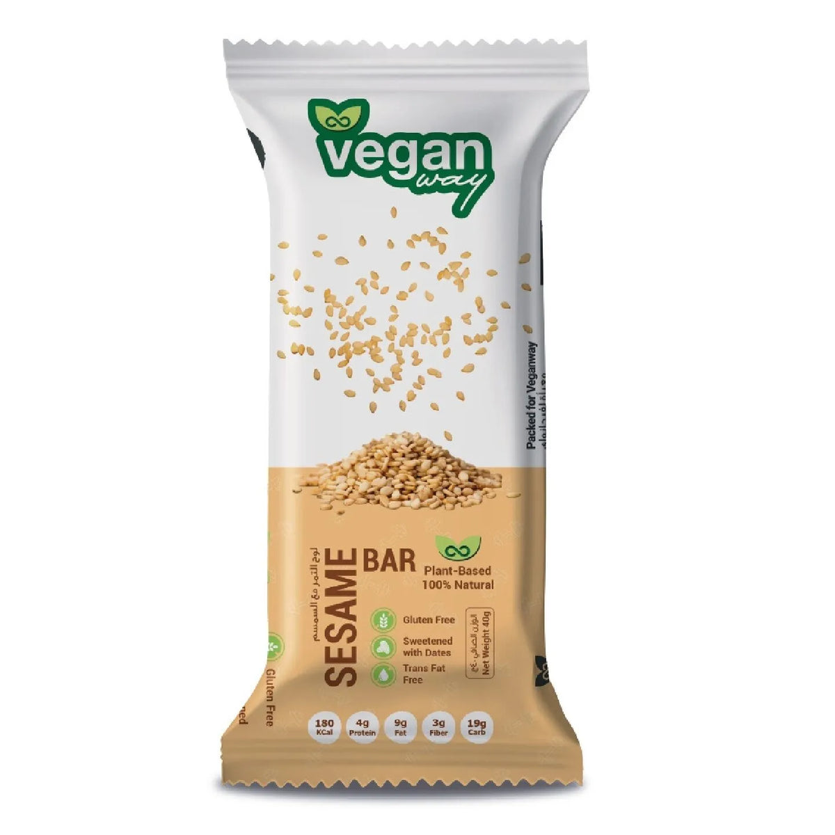 A Vegan Way Sesame Bar in its retail packaging, featuring a white and beige design with illustrations of sesame seeds and a pile of sesame seeds on the front.