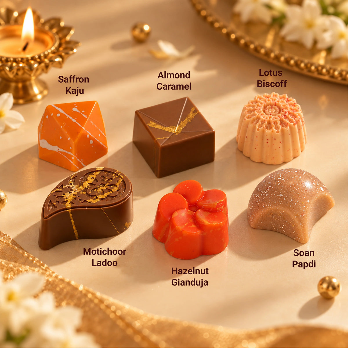 Six traditional Indonesian sweets arranged on a beige surface with decorative gold foil, candles, and flowers. The labeled varieties are Saffron Kaju, Almond Caramel, Lotus Biscoff, Motichoor Ladoo, Hazelnut Gianduja, and Soan Papdi.