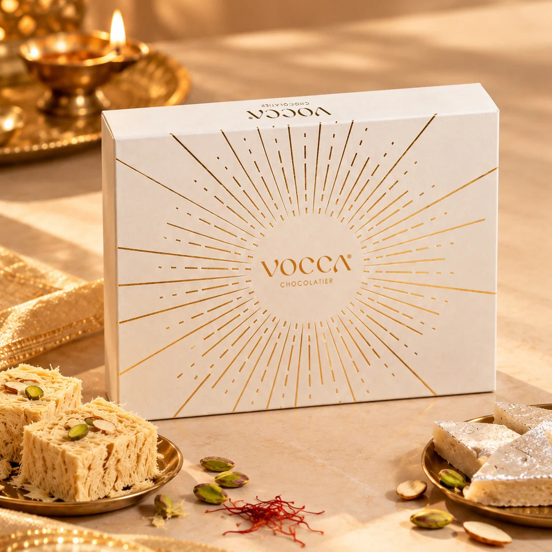 A white rectangular box of Vocca Chocolatiers sweets with gold sunburst detailing, styled on a warm beige surface with plates of sliced pastry and pistachios in the foreground.