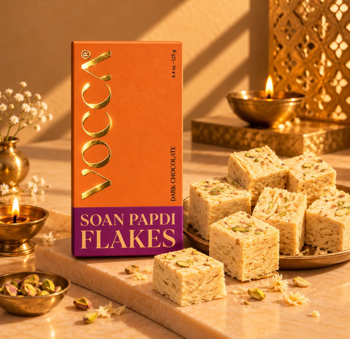 A box of VooDhaa Soan Papdi Flakes (Darks Chocolate) is displayed alongside prepared square rice cakes on a marble board, surrounded by decorative brass lamps and a warm, golden background.