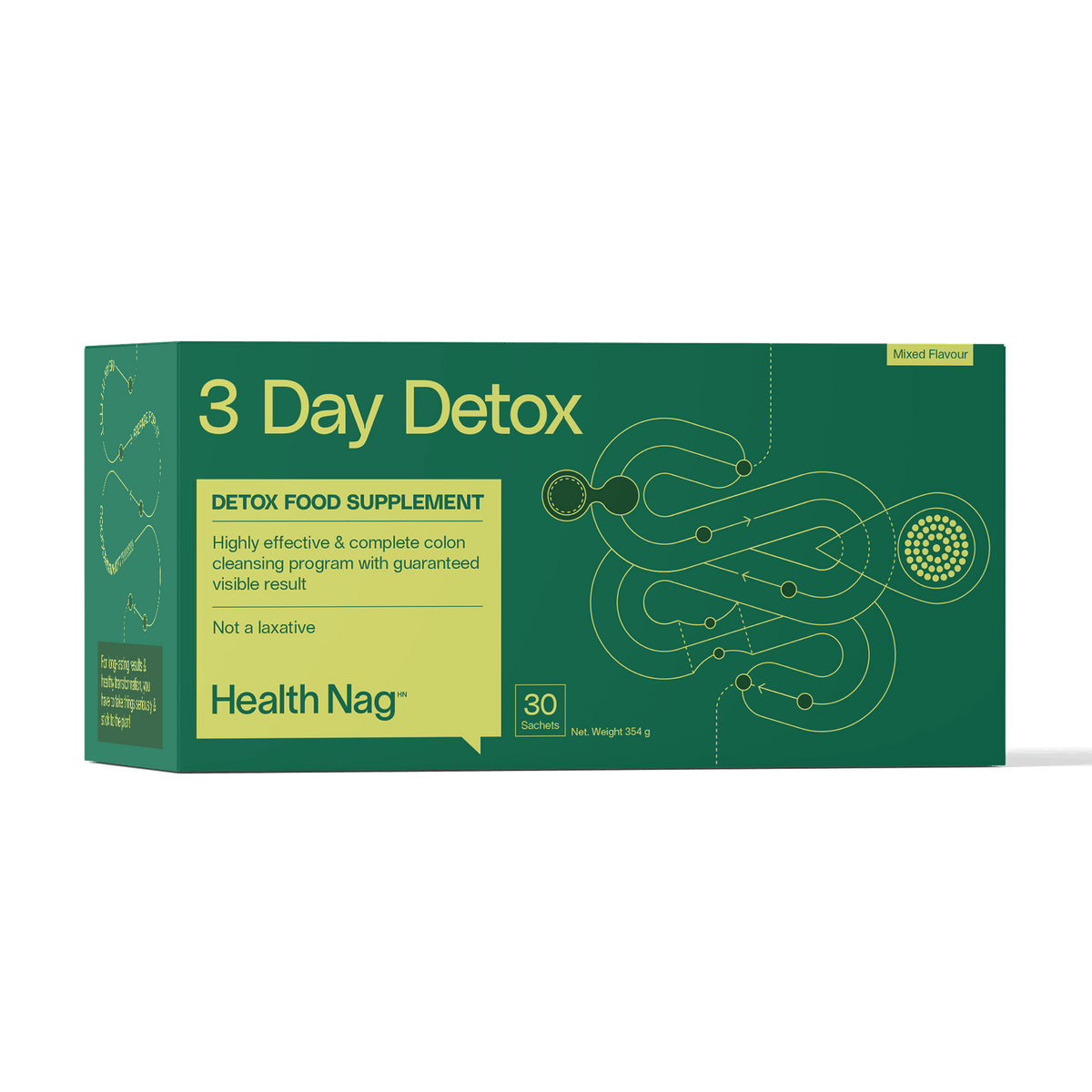Green box of 3 Day Detox supplement by Health Nag on a black background