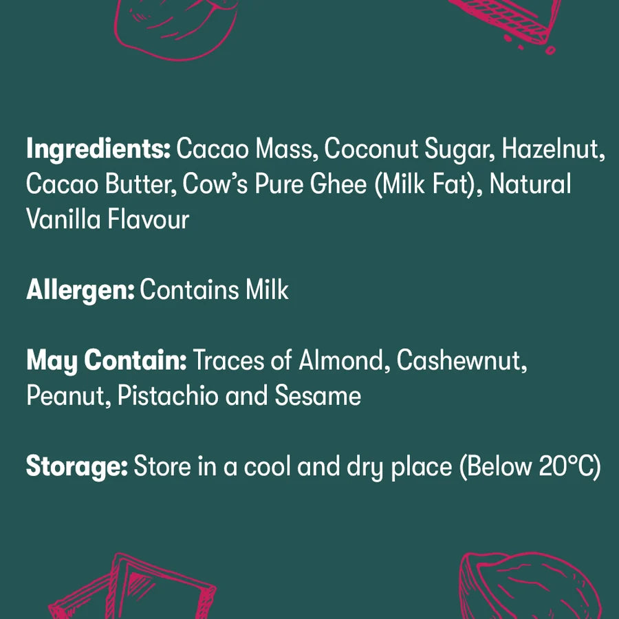 A dark teal ingredient information panel with white text listing components of a hazelnut-flavored ghee product, including cacao mass, coconut sugar, hazelnut, cacao butter, cow's pure ghee (milk fat), and vanilla flavour. Pink line drawings of food items appear around the edges.