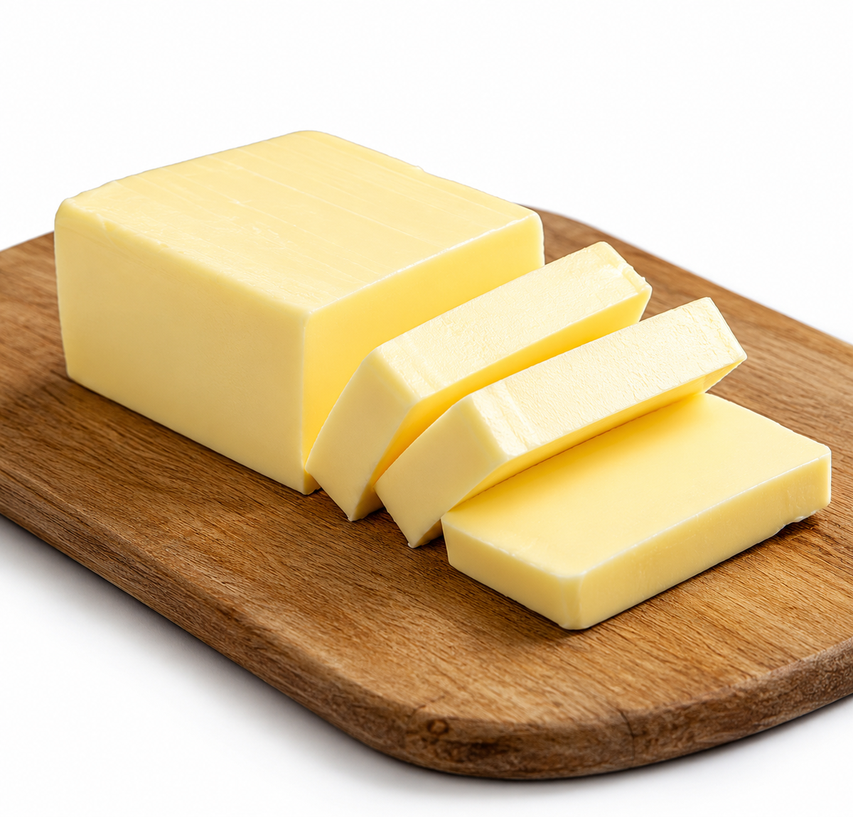 A block of pale yellow butter with three slices cut from it, arranged on a rectangular wooden cutting board against a clean white background.