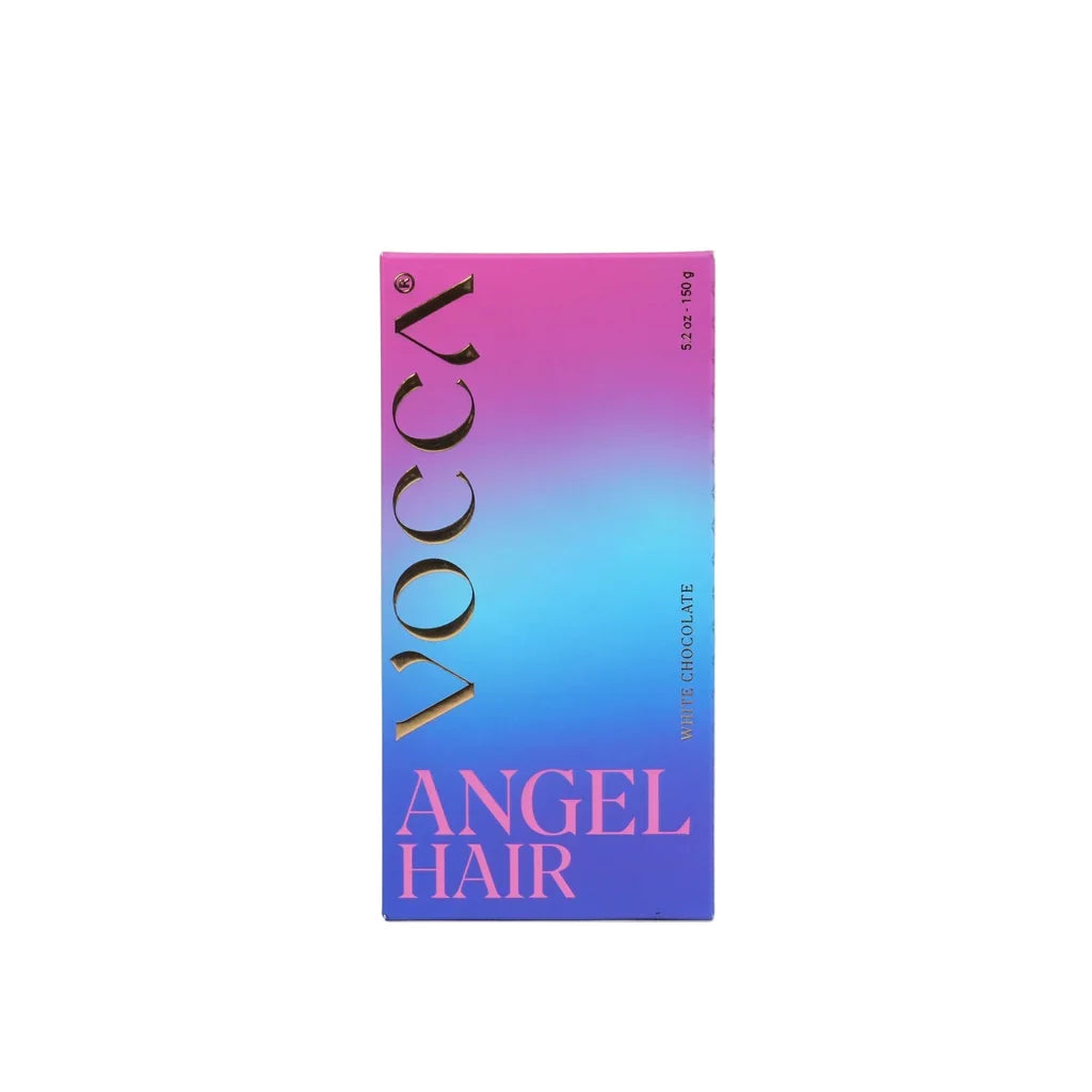 Vocca Angel Hair Sweet Chocolate bar packaging, featuring a vibrant pink-to-blue gradient box with gold foil lettering on a plain white background.