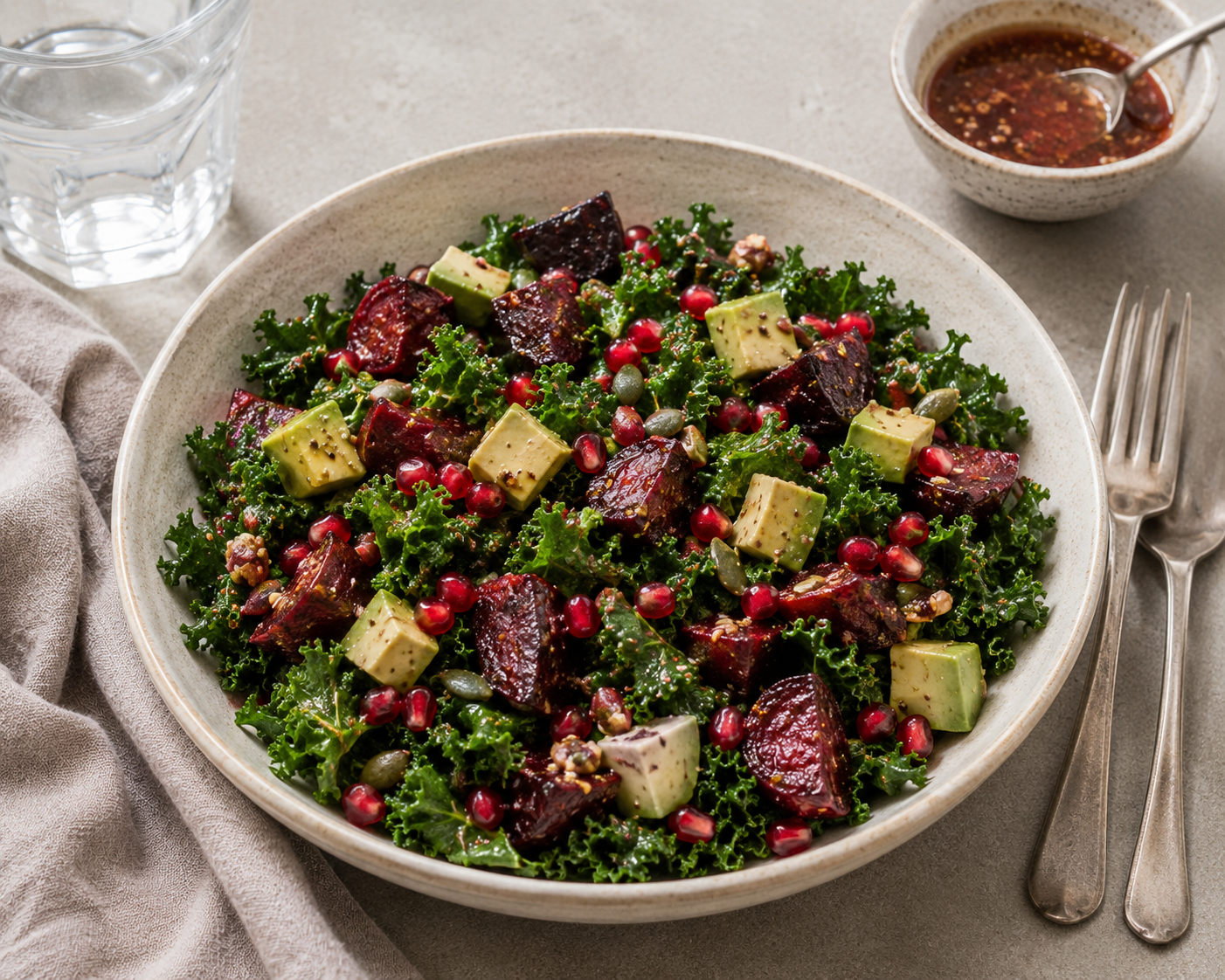 Roasted Beetroot, Avocado & Kale Salad with Pomegranate Vinaigrette